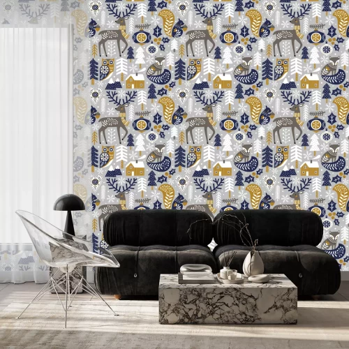 Tapete Waldtiere und Pflanzen auf grauem Hintergrund