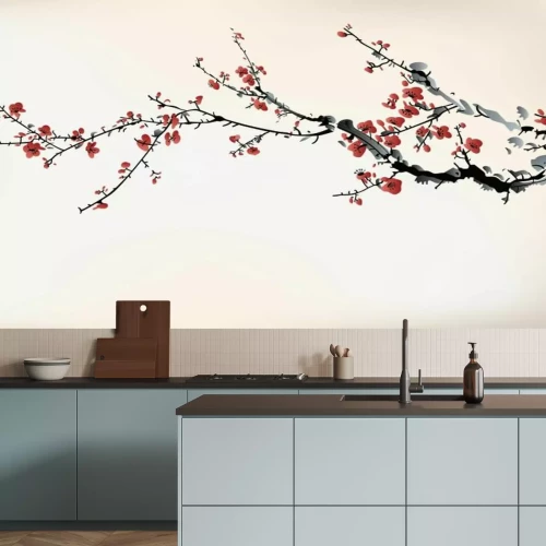 Fototapete Aquarell von Kirschblüten und Zweigen auf hellem Hintergrund