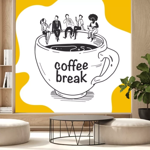 Sticker Menschen, die auf einer Kaffeetasse sitzen