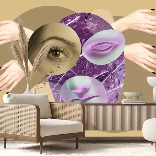 Sticker Contemporary art concept collage with antique statue head in a surreal style. Modern unusual art.