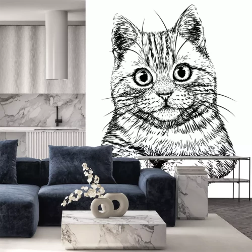 Sticker Sympathische Katze schwarz-weiße Handzeichnung