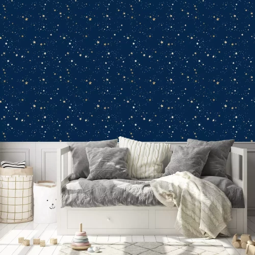 Tapete Seamless blue space pattern with gold constellations and stars
