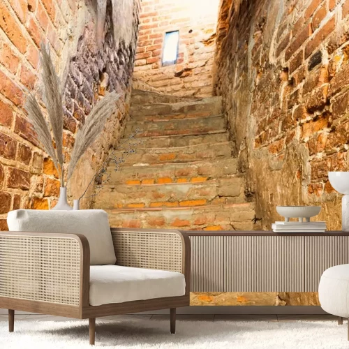 Sticker Brick staircase with stairs in old castle corridor