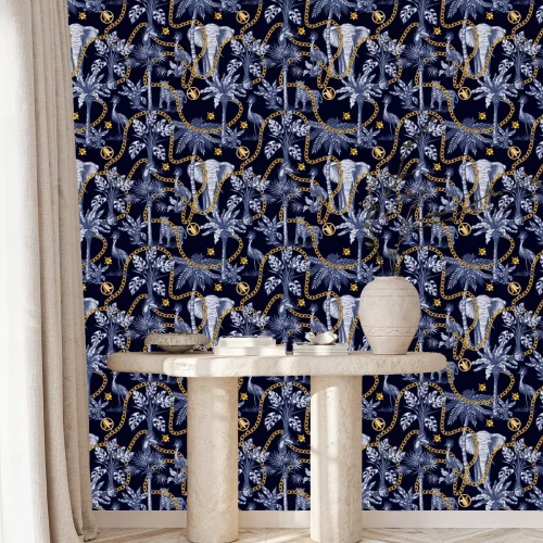 Tapete Vergoldete Ketten und Elefanten aus den Tropen