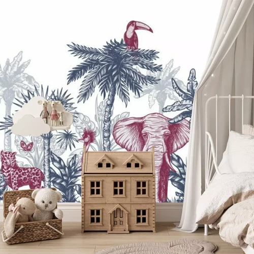 Fototapete Seamless border with graphical tropical tree such as palm, banana and jungle animals. Vector.