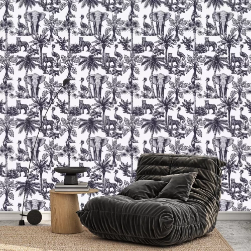 Tapete Seamless pattern with graphic tropical treees and jungle animals. Vector.