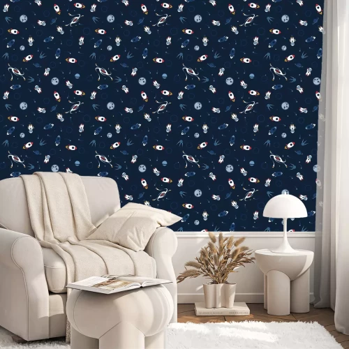 Tapete Space seamless pattern vector background. Cute design template with Astronaut, Spaceship, Rocket, Moon, Black Hole and Stars