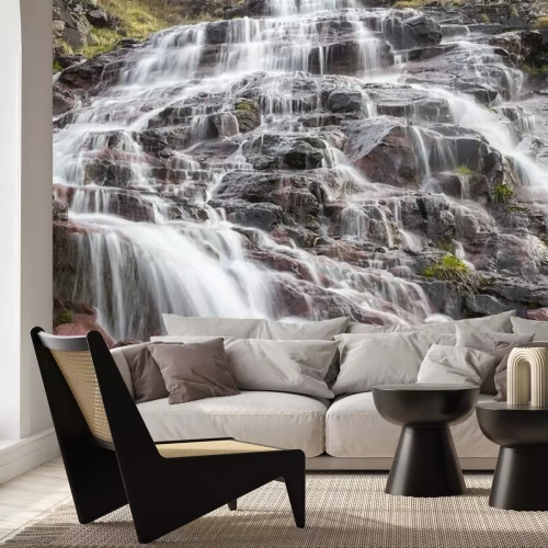 Fototapete Close up details of scenic, colorful, powerful Monk's jump waterfall on Old mountain, the tallest in Serbia, streaming down the red, rocky cliff