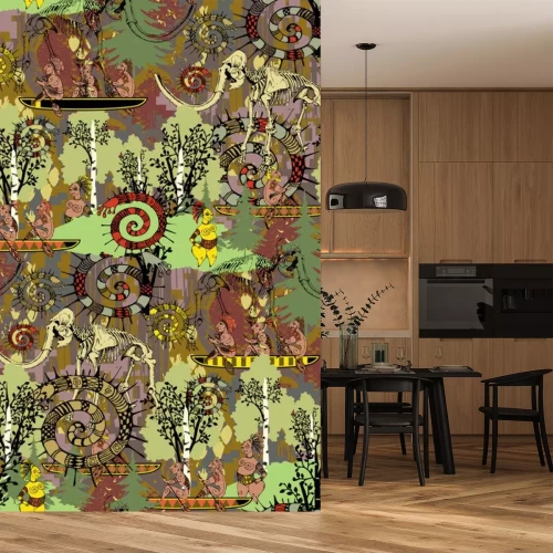 Sticker Seamless pattern inspired by the art of primitive people.  Suitable for fabric, wrapping paper and the like