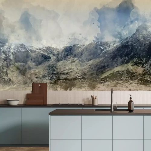 Sticker Digital watercolor painting of Stunning dramatic panoramic landscape image of snowcapped Glyders mountain range in Snowdonia