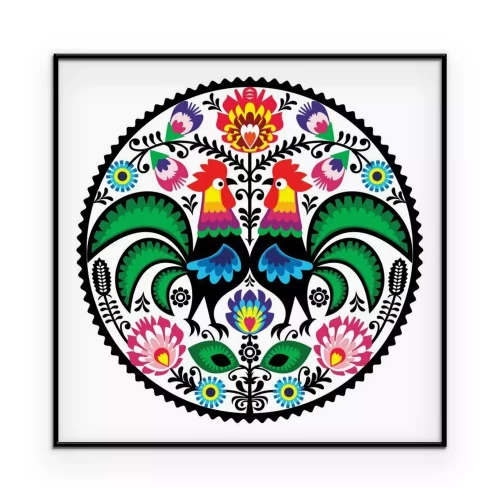 Poster Volksmuster mit Blumen und Hähnen im Łowicz-Stil