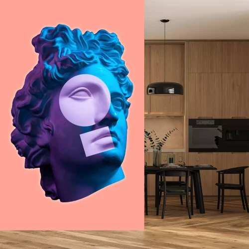 Sticker Contemporary art concept collage with antique statue head in a surreal style. Modern unusual art.