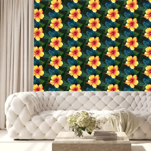 Tapete Gelbe exotische Blumen und Blätter