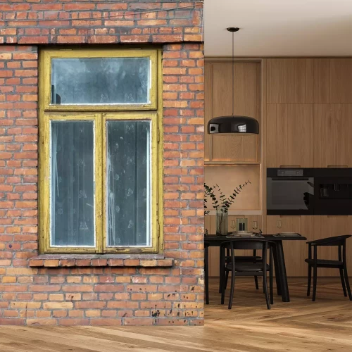 Fototapete Altes fenster in ziegelhaus