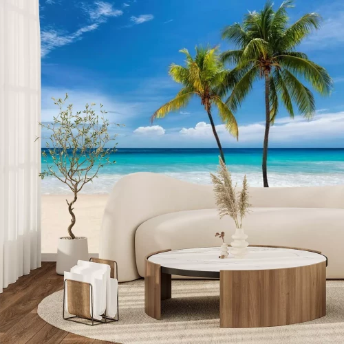 Fototapete Tropical white sand beach with coco palms and the turquoise sea on Caribbean island.