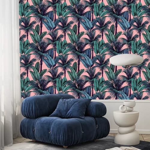 Tapete Nahtloses Muster mit tropischen Palmen- und Bananenblättern auf rosa Hintergrund. Hand gezeichnete Vektorillustration