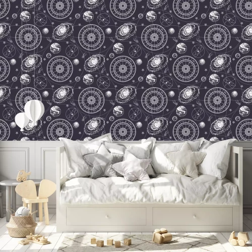 Tapete Seamless pattern. Signs of the zodiac, ecliptic, stars, galaxies and planets.