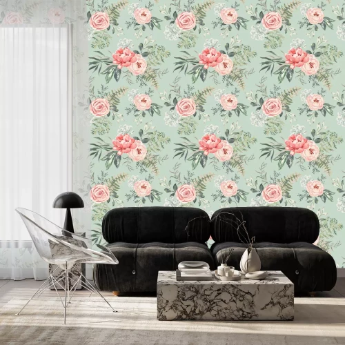 Tapete Pfingstrosen Rosen und Farne Aquarellmalerei