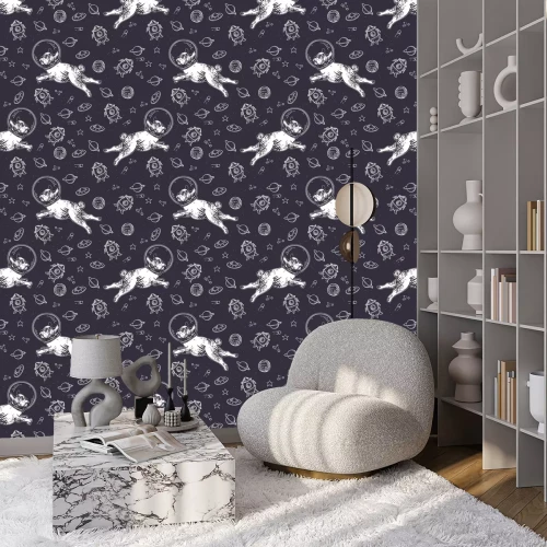 Tapete Seamless pattern with pugs, planets and rockets. Dog astronaut flies in space.