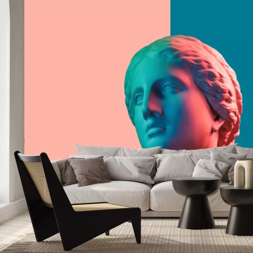 Sticker Contemporary art concept collage with antique statue head in a surreal style. Modern unusual art.