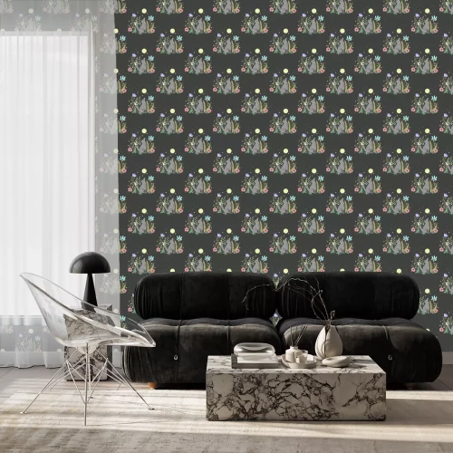 Tapete Wölfe heulen den Mond mit Blumen an