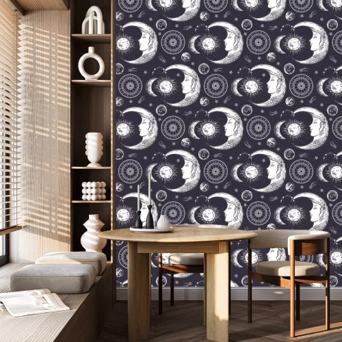 Tapete Seamless pattern. Moon face, phases of the moon, sun and crescent. Zodiac circle.