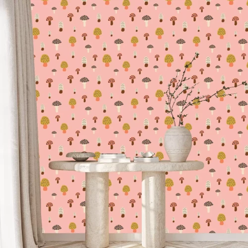 Tapete Bunt gemusterte Pilze auf rosa Hintergrund