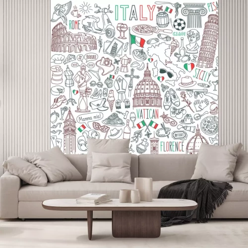 Sticker Italy doodle set. Famous landmarks and traditional Italian symbols - architecture, cuisine, Venice carnival. Objects isolated on white background