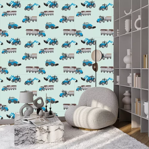 Tapete A seamless pattern with blue construction tractors on a green background