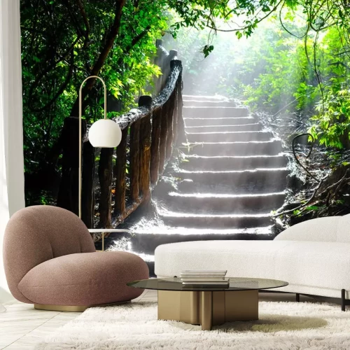 Sticker A ray of sunlight breaks through the leaves of the trees in the thicket of the forest on the stairs.