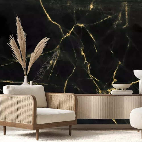 Fototapete Gelber Blitz auf schwarzem Marmor