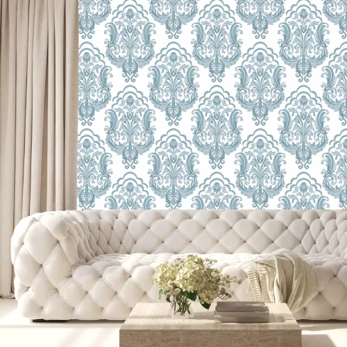 Tapete Blaues ornamentales Muster auf weißem Hintergrund