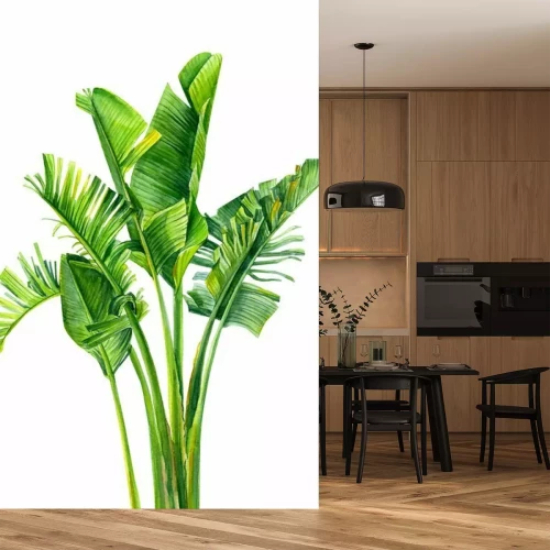 Sticker Set of jungle leaves, strelitzia on an isolated white background, botanical illustration, watercolor tropical plants