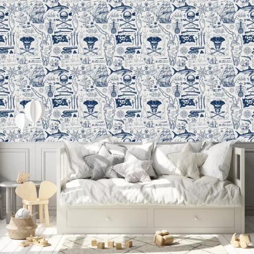 Tapete Vector abstract seamless pattern with skull, crossbones, pirate flag, swords, guns, caravels, old map and other nautical symbols. Vintage background with hand-drawn sketches, ink blots and stains