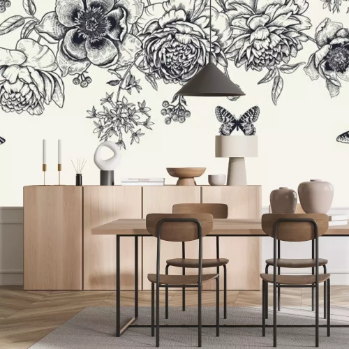 Fototapete Schmetterlinge inmitten von Pfingstrosenblüten im Vintage-Stil