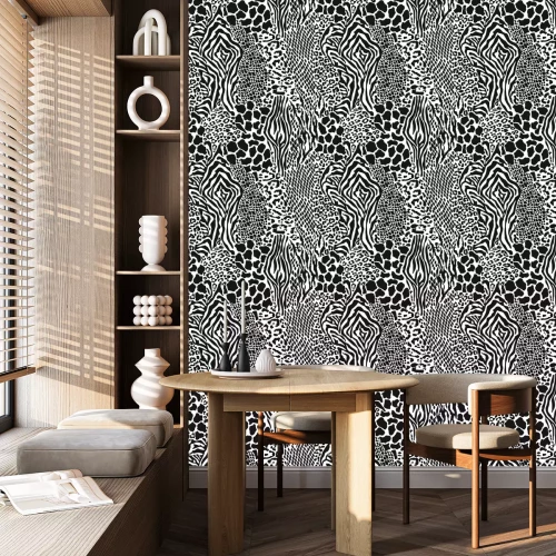 Tapete Wild animal skins patchwork camouflage wallpaper black and white fur abstract vector seamless pattern
