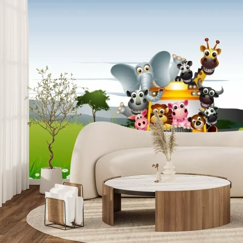 Fototapete Exotische Tiere in einem gelben Auto