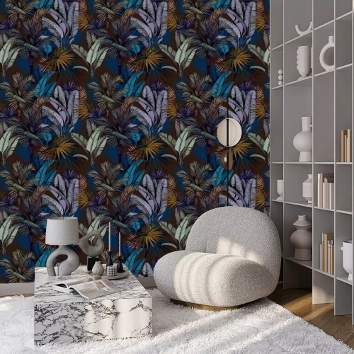 Tapete Nahtloses Muster mit bunten tropischen Blättern auf dunkelblauem Hintergrund. Hand gezeichnete Vektorillustration