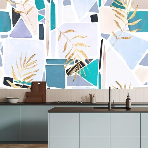 Sticker watercolor seamless pattern with tropic leaves and mosaic. Hand drawn background.  Botanic pattern for wallpaper or fabric. Exotic Tile.