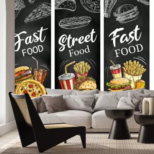 Fototapete Bild mit Burgern und Pizza