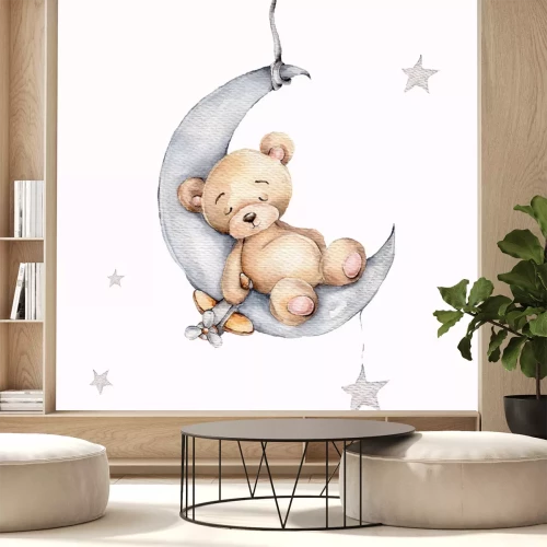 Sticker Cute sleeping teddy bear on the silver moon; watercolor hand draw illustration; with white isolated background