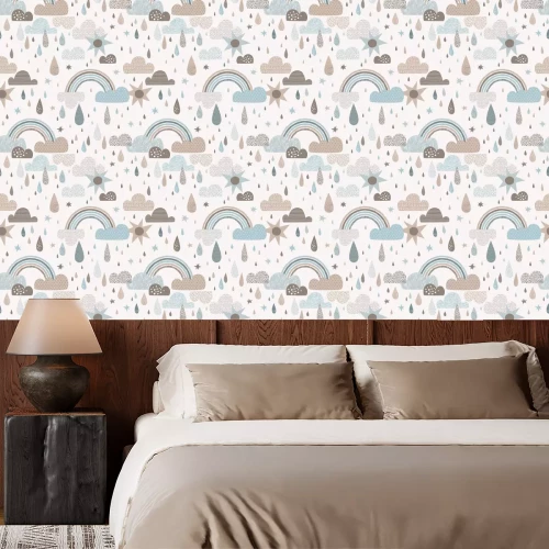 Tapete Vector sky seamless pattern with clouds, rain drops, rainbow, sun. Cute doodle decorative scandinavian print for textile, fabric, apparel gender-neutral kid nursery design