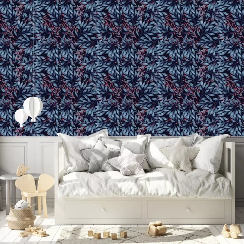 Tapete Blaue und rote Blätter auf dunklem Hintergrundmuster