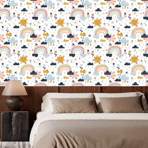 Tapete Seamless cute pattern with hand drawn rainbows, rain drops, clouds sun, flowers and martlets. Creative scandinavian childish background for fabric, wrapping, textile, wallpaper, apparel. Vector