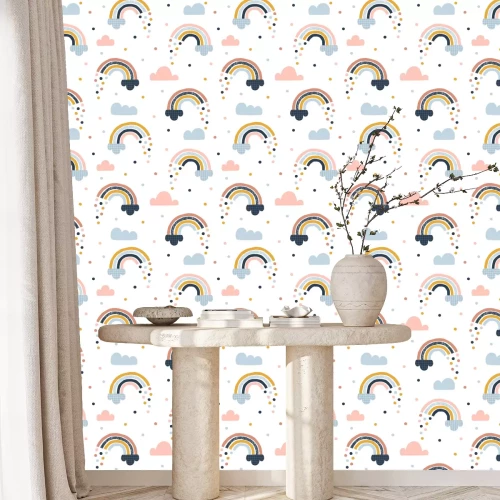 Tapete Regenbogen zwischen Wolken und bunten Regentropfen