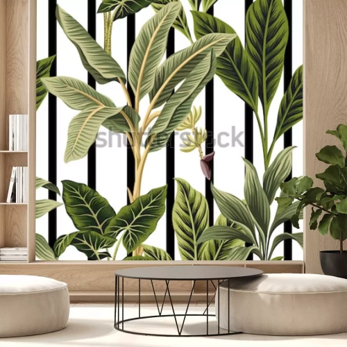 Sticker Tropische Weinlesepalmen, Bananenbaumblumenmuster-Schwarzweiss-Streifenhintergrund. Exotische botanische Dschungeltapete