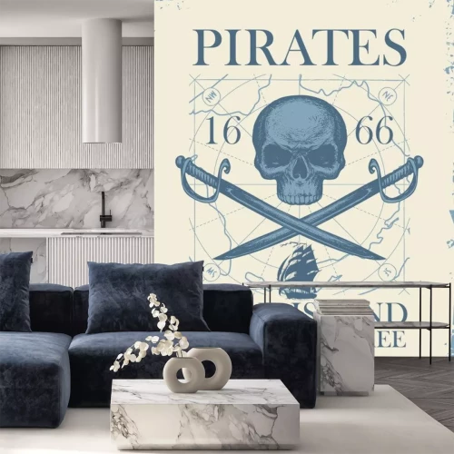 Sticker Vector banner with skull, crossed sabers, old map and the words Pirates Dead Island, Born to be free. Illustration on the theme of travel, military adventure and battles on the old paper background