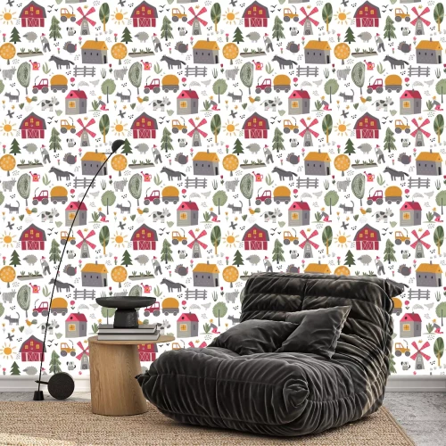 Tapete Vector seamless pattern with cute hand drawn farm animals, trees, houses, tractor, mill.