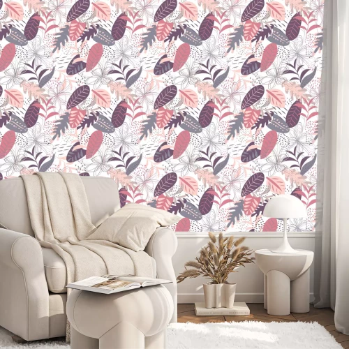 Tapete Tropisches nahtloses Muster des Vektors in den Farben Pastellrosa und Flieder. Eleganter tropischer Hintergrund. Nahtlose Textur mit Blumenornament für Stoff, Tapete, Bezug und mehr