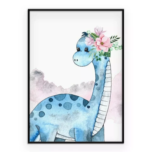 Poster Blauer Dinosaurier mit einem Blumenkranz